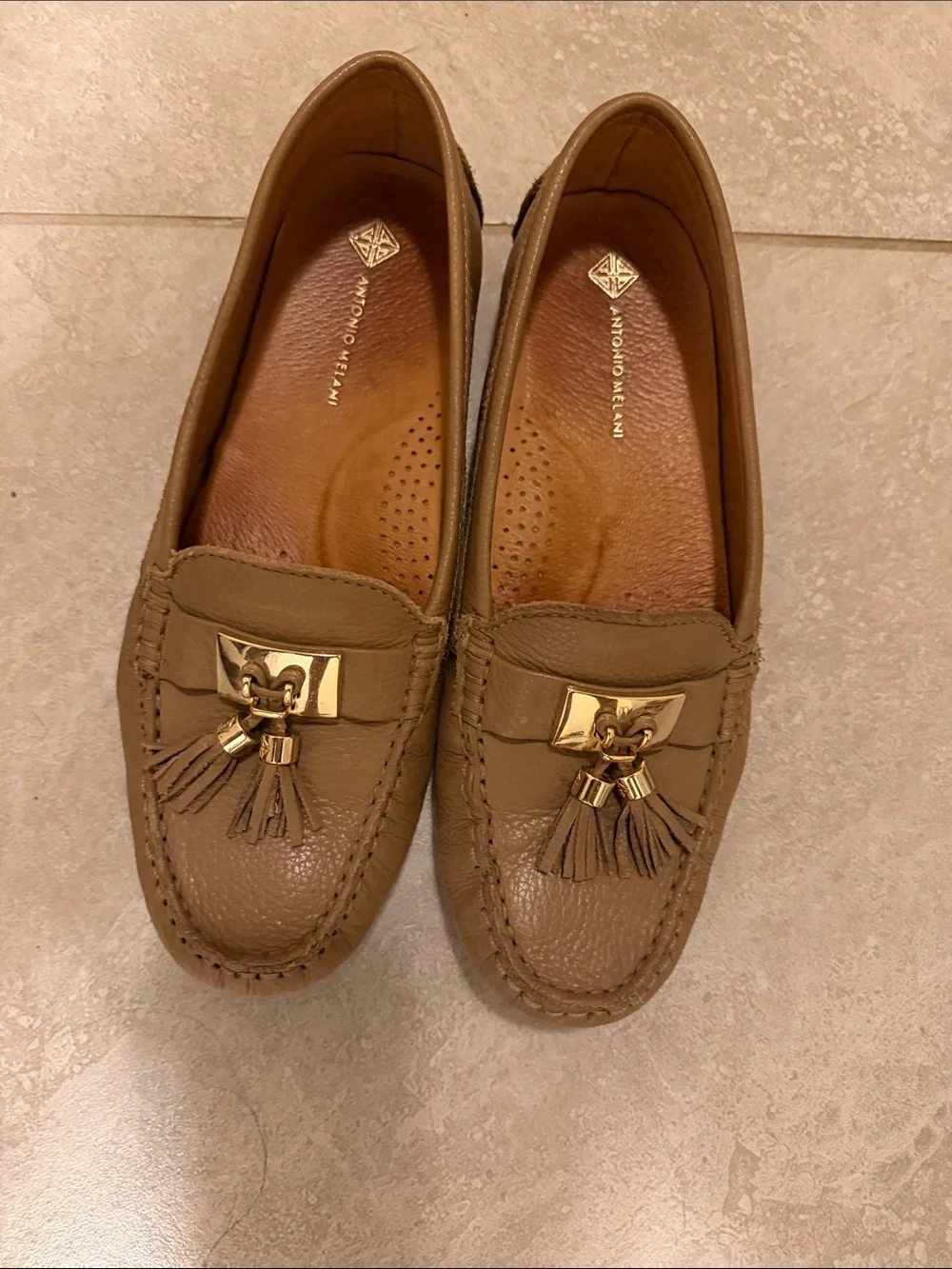 ANTONIO MELANI Brown Leather Tassel Loafers with Gold Accents